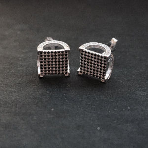 Silver Men's Black Front Draped CZ Stud Earrings